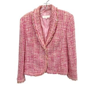 Escada Pink Tweed Fringe Blazer Jacket Velvet Bow Y2K Business Size 38 US 8
